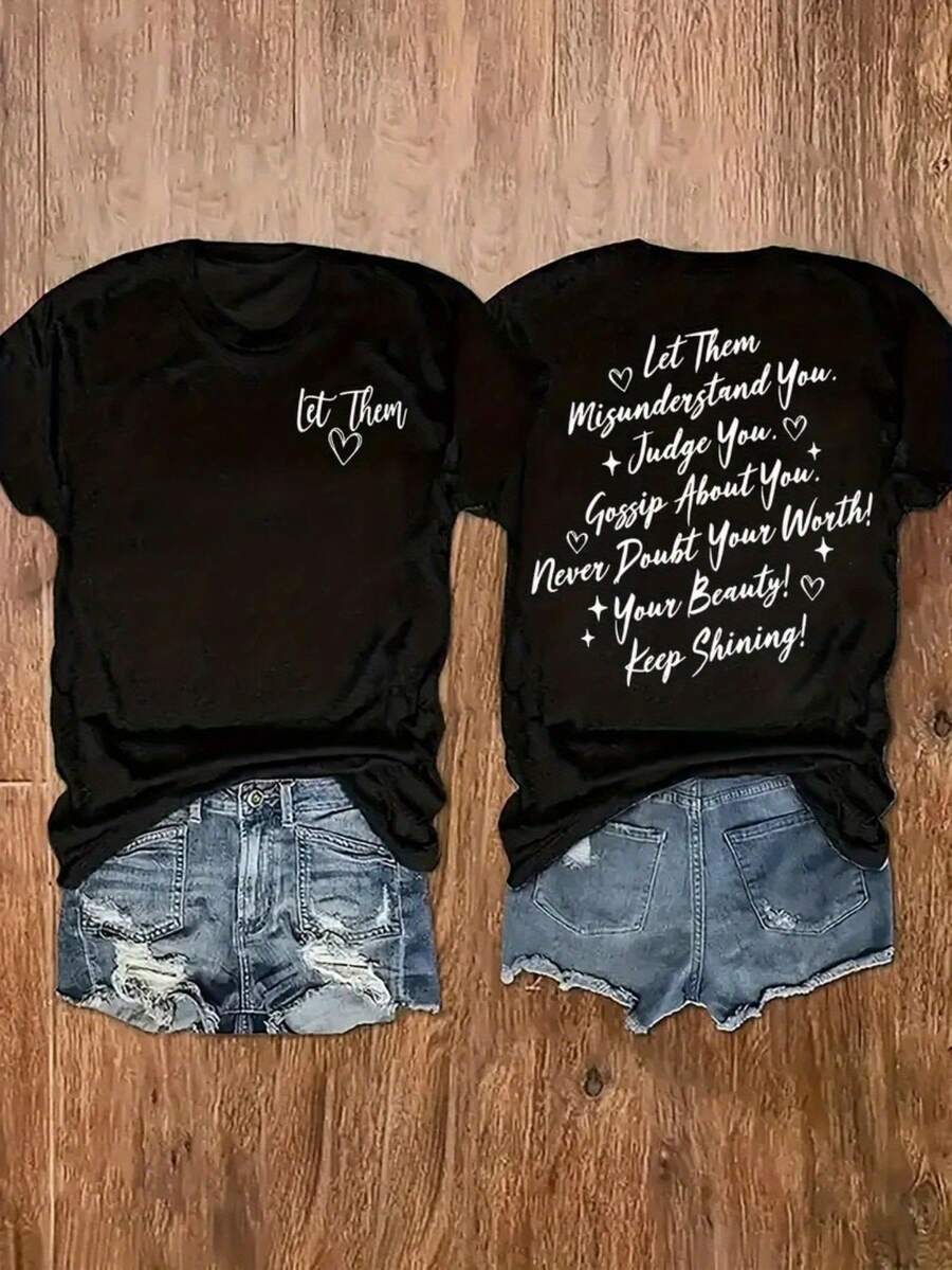 Camiseta Casual de Manga Corta con Cuello Redondo para Mujer, con Diseño de Letras en Ambos Lados, Perfecta para la Moda de Primavera y Verano - Negro - Ver 1