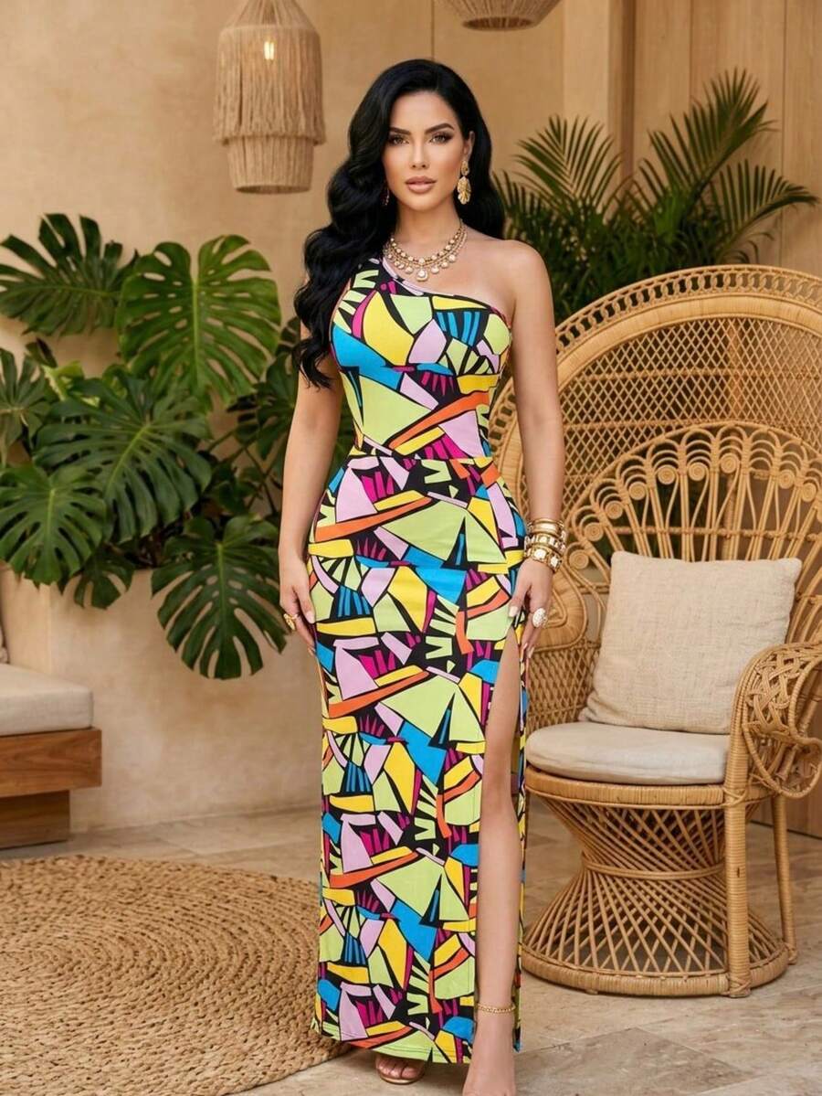 Maxi Vestido Asimétrico Bodycon con Estampado Abstracto y Corte Lateral Elegante - Amarillo - Ver 1
