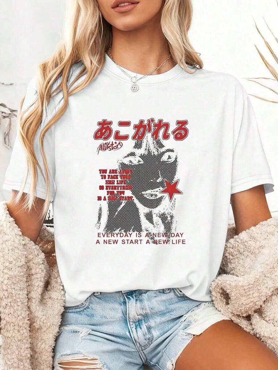 Y2K Women's Short Sleeve T-Shirt - Featuring A "NO REGRET" Graphic Print And Iconic Slogan, This Y2K Aesthetic Tee Is Perfect For Layering And Casual Wear. It's An Oversized Summer T-Shirt, Suitable For Spring, Summer, And Autumn. Made Of Cotton, This Cotton Tee Is Ideal For Everyday Wear. - 白色 - 查看 1
