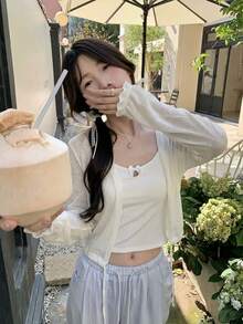 夏季新款白色系带纹理长袖开衫，性感短款抽绳腰防晒针织开衫，优雅休闲少女风百搭通勤海滩派对复古约会婚礼返校氛围针织外套 - 杏色 - 查看 5