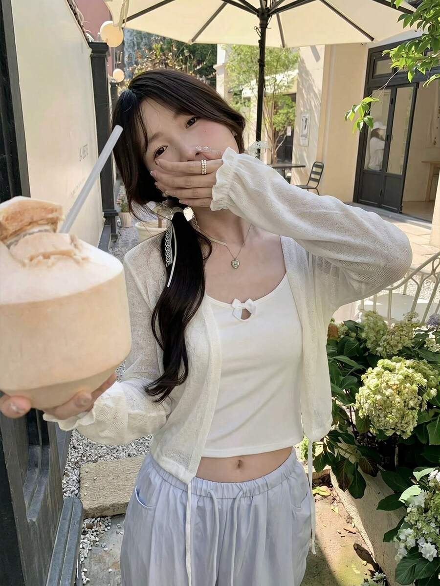 夏季新款白色系带纹理长袖开衫,性感短款抽绳腰防晒针织开衫,优雅休闲少女风百搭通勤海滩派对复古约会婚礼返校氛围针织外套 - 杏色 - 查看 1