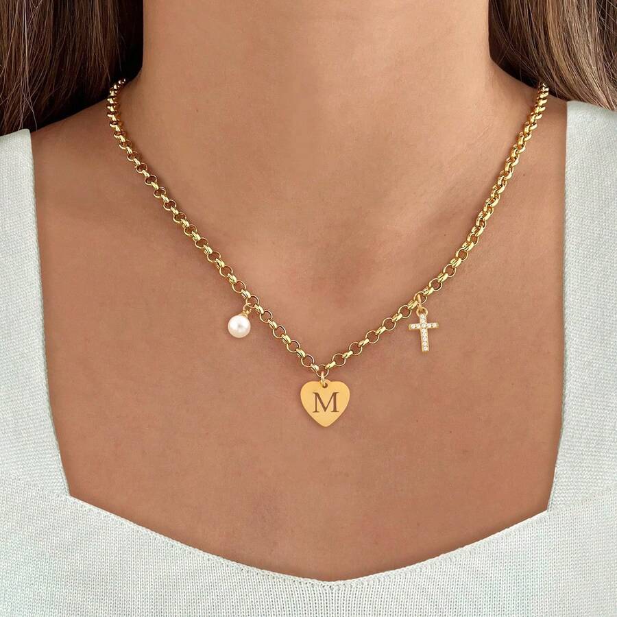 1 pieza Clásico Corazón Hueco Inicial Cruz Redonda Colgante de Perla Cadena de Acero Inoxidable Dorado Collares para Mujeres - Amarillo Oro - Ver 1