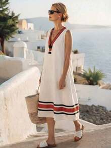 Holidaya Vestido midi holgado de línea A con estampado de bloques de color y rayas, cuello en V, sin mangas, para uso casual de vacaciones, primavera/verano - Multicolor - Ver 6