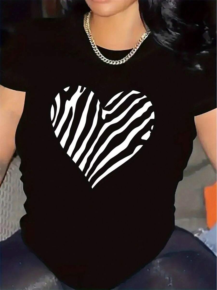 Camiseta de manga corta para mujer con estampado de cebra y corazones - Blusa casual de cuello redondo con estampado de cebra y corazones, poliéster duradero adecuado para primavera y verano, lavable a máquina, ideal para usar en casa o como parte de un conjunto, regalo. - Negro - Ver 1