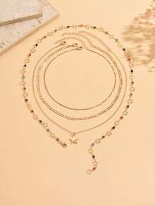 4pcs/Set Delicate Niche Star Rhinestone Y-Shaped Necklace, Casual Versatile Multi-Layer Gold Chain Layered Necklace For Women, Suitable For Daily Wear, Music Festivals, Dates - The Rhinestone Colors Are Randomly Arranged - Multicolor - View 2