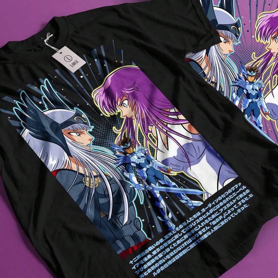 Camiseta de Saint Seiya, caballeros del zodiaco, Hyoga, Ikki, Shun, anime, regalo 356. Camiseta unisex de algodón grueso de 220 g, suave y transpirable con excelente elasticidad, agradable para la piel y cómoda para usar todo el día. Diseño clásico y casual fácil de combinar, ideal para salidas diarias, estilo urbano, deportes, citas y reuniones informales durante todo el año. - Negro - Ver 1