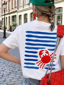 Women's Short-Sleeved Crew Neck T-Shirt, 100% Cotton, Striped Crab Print On Both Sides, Casual And Fashionable Holiday Style, Suitable For Spring And Summer, White Graphic T-Shirt. - 白色 - 查看 4