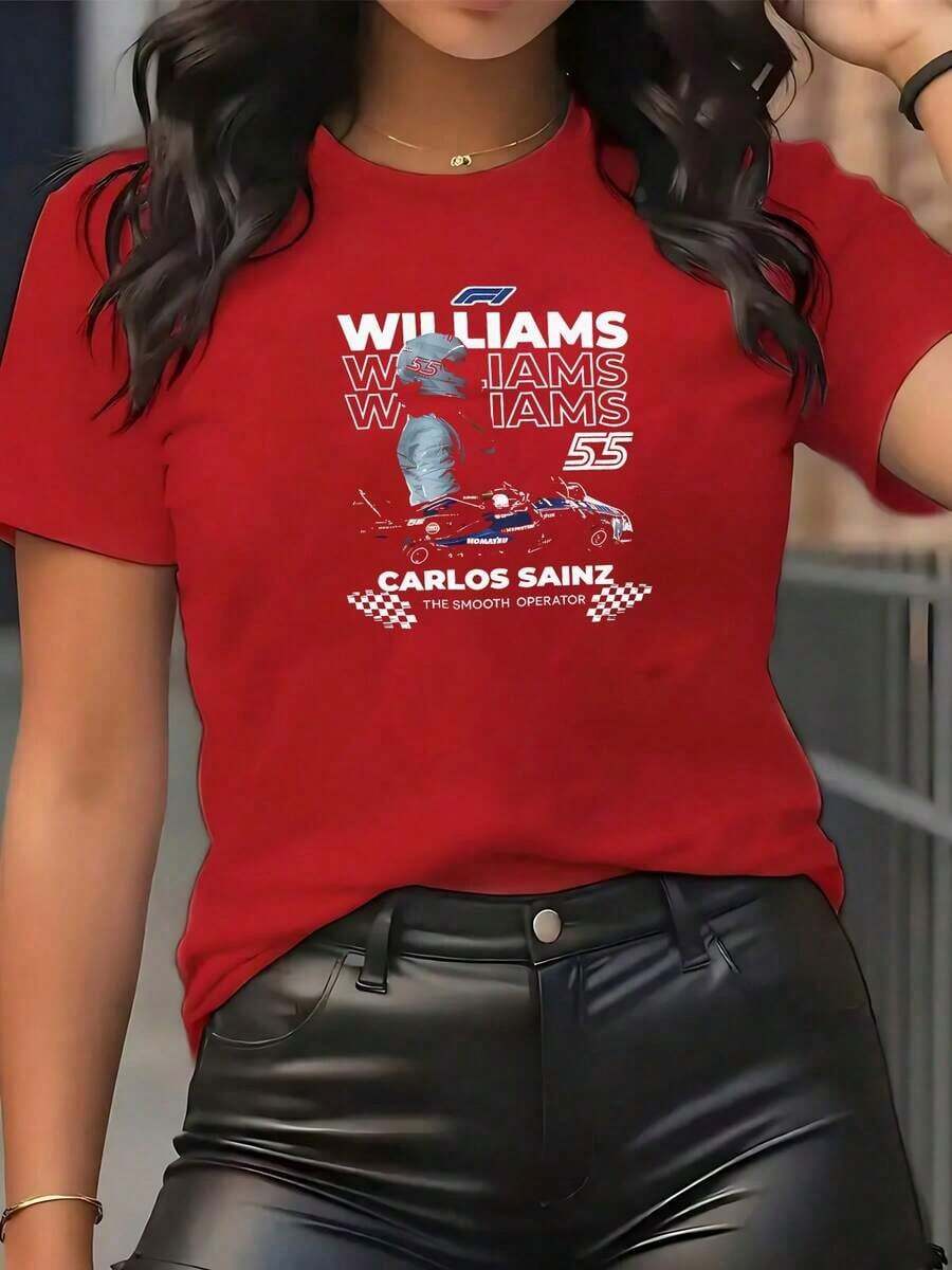 Comfortable Image Of Driver Carlos Sainz With A Williams Car Highlighting The Passion For Speed, Determination And Competitive Spirit. Women's T-Shirts, 220g, Soft, Comfortable, Ideal For Motorsport Fans. Loose, Versatile Short Sleeve T-Shirt For Women. - 紅色的 - 查看 1