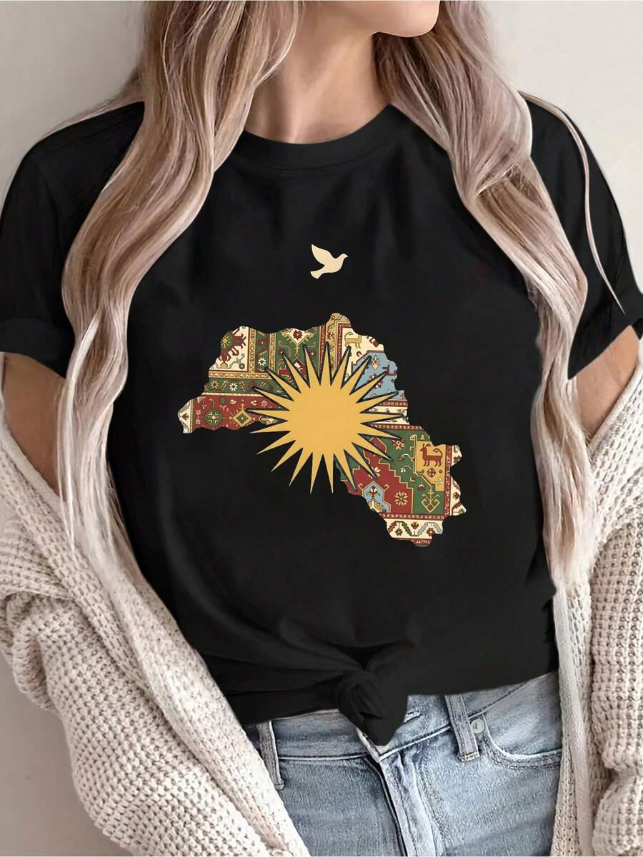 Camiseta de verano para mujer con estampado kurdo, ajuste regular clásico, versátil y casual - Negro - Ver 1