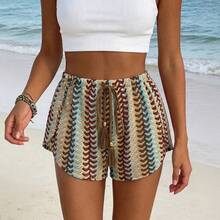 Women's Bohemian Style Beach Shorts, Openwork Knit With Print And Tassel Bow. - 圖片色2 - 查看 3