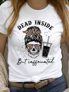 DEAD INSIDE Graphic T-Shirt - Casual Short-Sleeve Crew Neck T-Shirt With Letter Print, Regular Fit, Spring/Summer Blouse Suitable For Casual Wear And Lounging At Home - 白色的 - 查看 1
