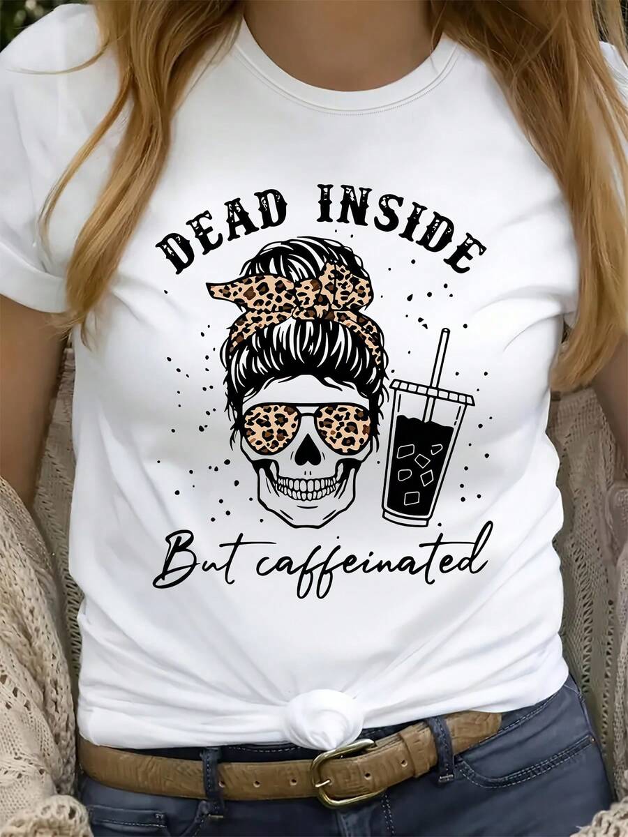 DEAD INSIDE Graphic T-Shirt - Casual Short-Sleeve Crew Neck T-Shirt With Letter Print, Regular Fit, Spring/Summer Blouse Suitable For Casual Wear And Lounging At Home - 白色的 - 查看 1