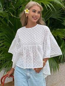 Blusa holgada de unicolor con mangas acampanadas, top de verano para mujeres - Blanco 2 - Ver 4