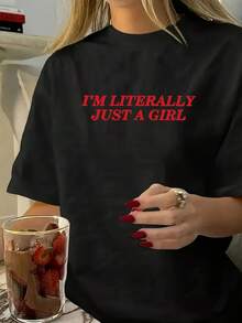 Women's Casual Cotton Crew Neck T-Shirts, "I'M LITERALLY JUST A GIRL" Print T-Shirt, 100% Cotton, Casual Fit, Women's T-Shirt, Summer And Spring Fashion, Simple T-Shirt For Everyday Wear. - 黑色 - 查看 7