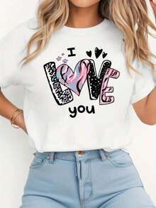 Women's Valentine's Day T-Shirt, Graphic Art And Love Print "I Love You", Casual Short Sleeve Crew Neck T-Shirt For Spring-Summer, For Daily Wear, Holiday Gift, Valentine's Day Outfit, Women's Going Out T-Shirt - 白色 - 查看 1