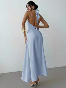 Vestido largo suelto sin mangas y sin espalda, elegante para vacaciones y fiestas, romántico y de moda para el verano, la playa - Celeste - Ver 2