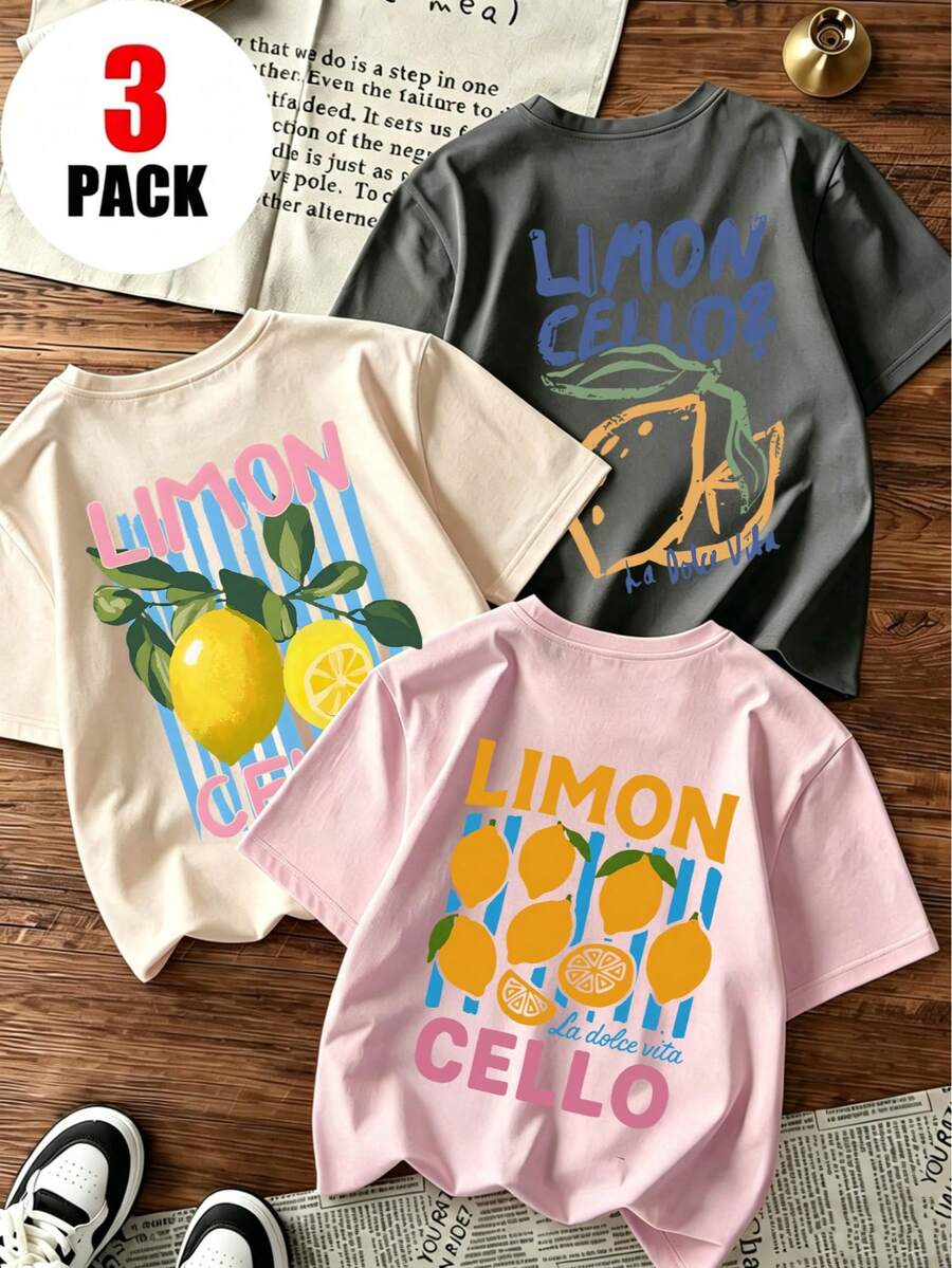 Bộ 3 áo thun ngắn tay cổ tròn in hình ngộ nghĩnh dành cho bé gái tuổi teen, kiểu dáng thường ngày, thích hợp mặc mùa hè. - Hồng - Xem 1