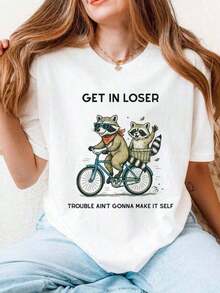 Camiseta Divertida: Párate en problemas, no te divertirású mismo. Camiseta de Mapache% Algodón para Mujer, Estampado Gráfico Oversize, Estilo Urbano Vintage, Unisex, Holgada, Manga Corta, Cuello Redondo. - Blanco - Ver 7