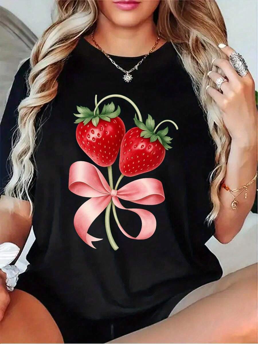 Women's Strawberry Print T-Shirt With Pink Bow - Soft Casual Short Sleeve Crew Neck Top, Fruit Design, Black/Grey/White/Dark Red - Unisex Vintage Urban Style Loose Fit Cotton Short Sleeve Crew Neck T-Shirt - 黑色 - 查看 1