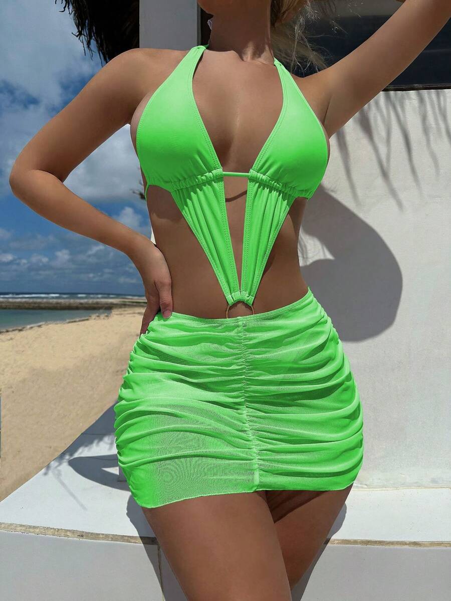 New And Sexy Solid Color Two-Piece Swimsuit With Hollow Design. - Fluorescent Green - View 1