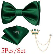 New Silk Bow Tie Set For Men, Available In 9 Colors, Includes Crown Flower Lapel Pin, Handkerchief And Cufflinks - A - View 17