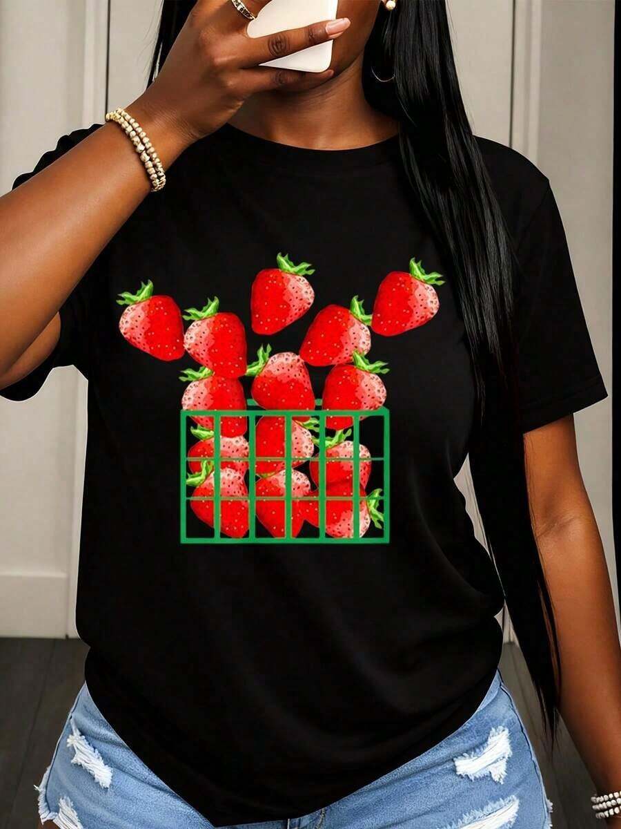 Camiseta Casual con Estampado de Cesta de Fresas para Mujer, Top de Verano con Estampado de Frutas, Atuendo de Moda para Uso Diario y Temporada de Picnic, 100% Algodón, Duradera - Negro - Ver 1