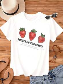 Camiseta Casual de Moda para Mujer, Corte Holgado, Cuello Redondo, Manga Corta, Estampado Gráfico de Fresas "Fruits Of The Spirit", para Uso Diario y Eventos Religiosos, 100% Algodón, Resistente. - Blanco - Ver 3