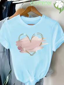 Women's Black T-Shirt With Gold Heart Print And Geometric Patterns - Casual Short-Sleeved Round Neck Top, Machine Washable, Ideal For Spring, Summer And Autumn, T-Shirt With Modern Print And Appliqué Details - 淺藍色 - 查看 1