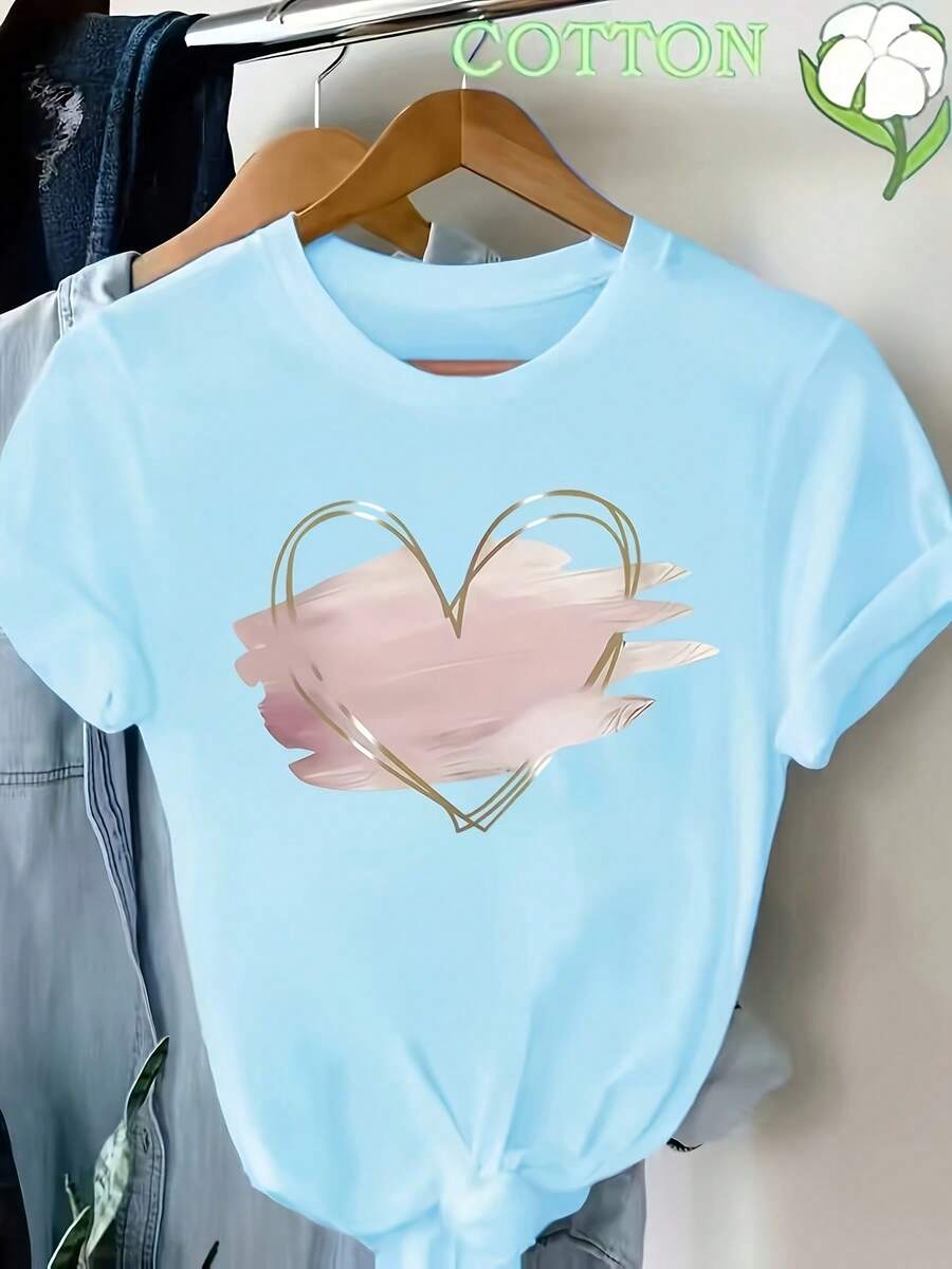 Women's Black T-Shirt With Gold Heart Print And Geometric Patterns - Casual Short-Sleeved Round Neck Top, Machine Washable, Ideal For Spring, Summer And Autumn, T-Shirt With Modern Print And Appliqué Details - 淺藍色 - 查看 1