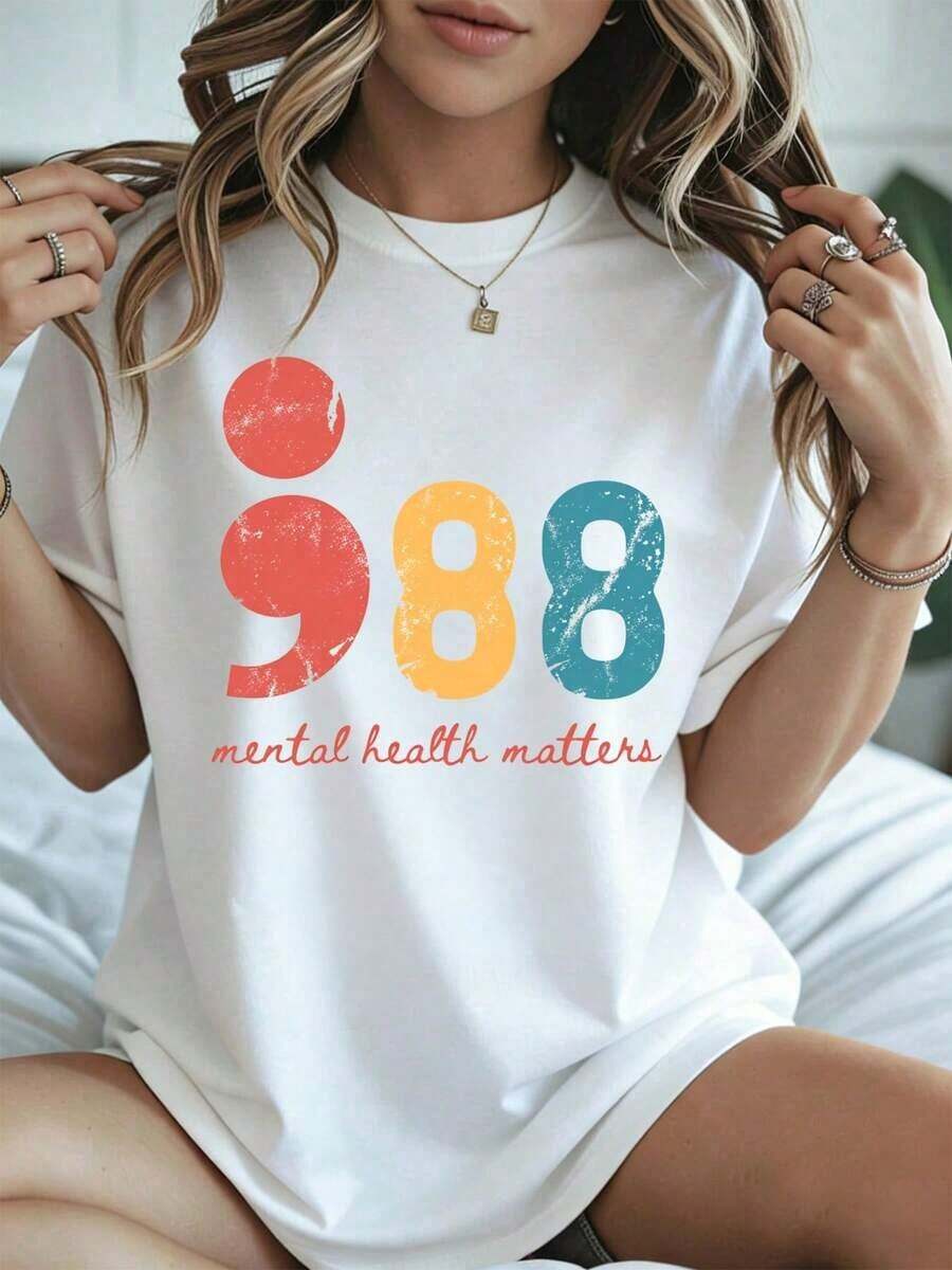 Elegante y casual para mujer, manga corta, camiseta blanca para el Día de Concientización sobre la Salud Mental con estampado "988 Mental Health Matters", ropa casual para primavera y verano. - Blanco - Ver 1