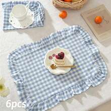 1pc/2pcs/6pcs Korean Style Plaid Placemats, Sweet Princess Candy Color Plaid Tablecloth With Ruffle Edge, Cute Food Plate Insulation Pad - Multicolor - View 14