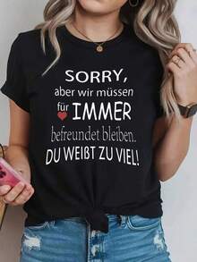 Suave, transpirable y ligero para comodidad durante todo el día. Camiseta con estampado de letras "Sorry Aber Wir Mussen Immer", manga corta, cuello redondo, estilo casual para verano y primavera, ropa de mujer. Cuello redondo clásico con un corte relajado que favorece todas las formas del cuerpo y es fácil de combinar con jeans, shorts y leggings. - Negro - Ver 3