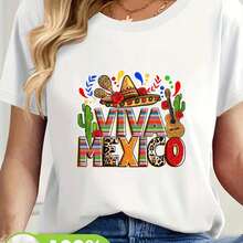 Women's 'Viva Mexico' Fiesta T-Shirt, Polyester Medium Stretch, White Short Sleeve Tee With Vibrant Mexican Graphic Print, Perfect For Casual Summer Wear - 白 - 查看 10