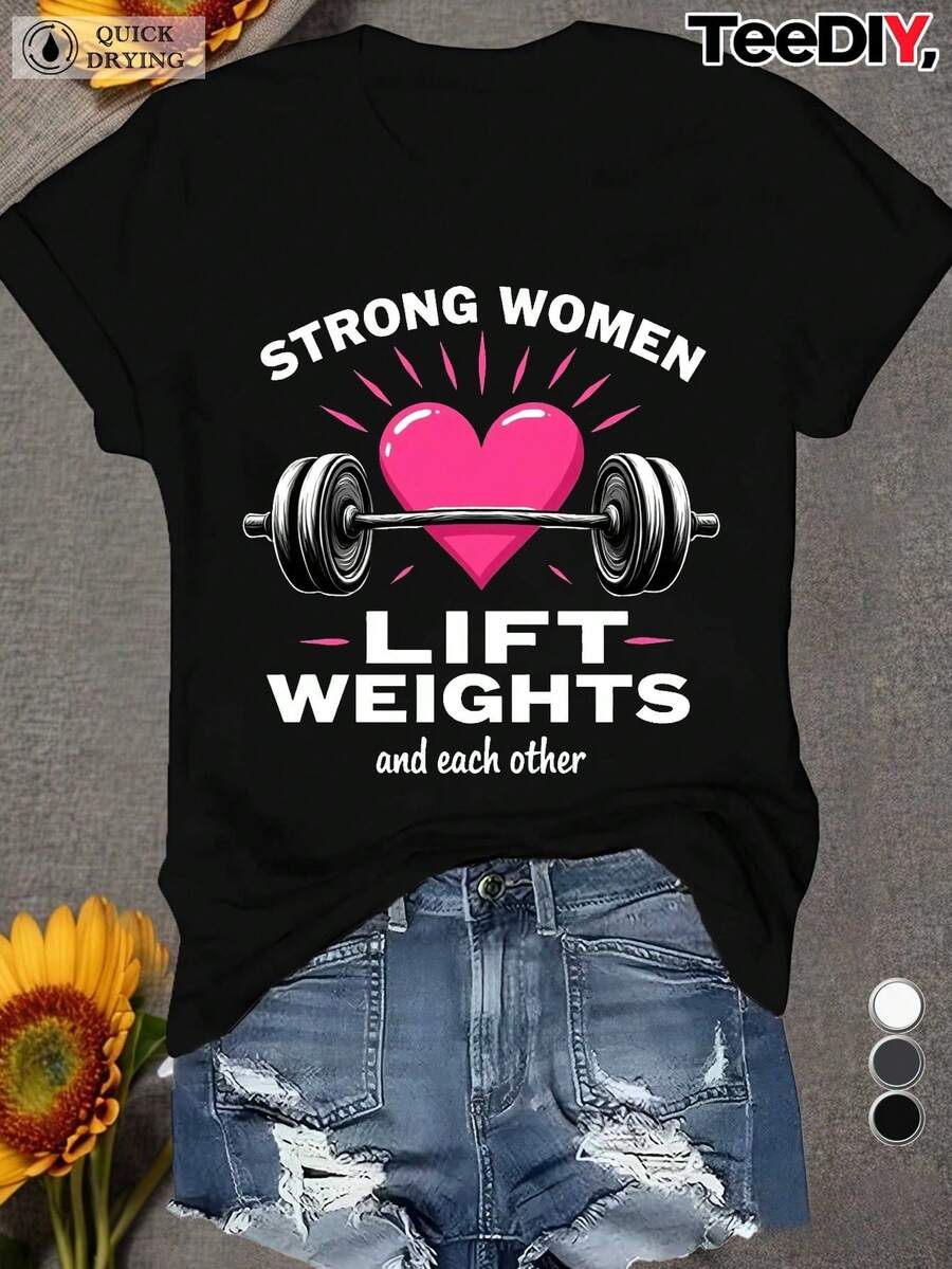 Camiseta inspiradora de talla grande para mujer - Lema de levantamiento de pesas femenino poderoso y diseño de corazón de levantamiento de pesas - Letras rosas - Cuello redondo, manga corta, adecuada para uso casual y diario - Ropa para todas las estaciones. - Negro - Ver 1