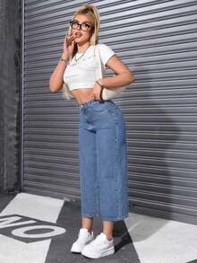 Jeans casuales de cintura alta con bolsillos y pierna ancha - Azul lavado medio 2 - Ver 3