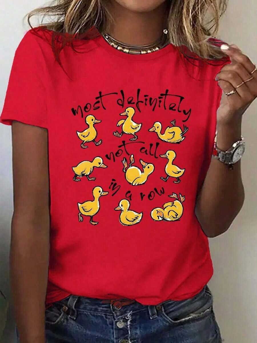 NewSummerCasual Women's T-Shirt With Yellow Duck Pattern And English Text, Letter Print, Crew Neck - Vintage Street Style Unisex Loose Cotton Short Sleeve Crew Neck T-Shirt - 紅色的 - 查看 1