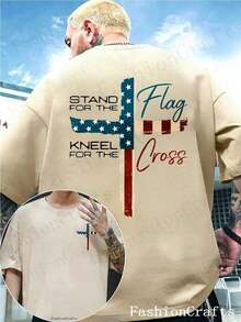 Patriotic Christian Faith T-Shirt, Defend The Flag, Kneel For The Cross, Religious T-Shirt, Cross Design, Men's T-Shirt Showing American Pride, Conservative Christian Cotton Clothing - 軍綠色 - 查看 7