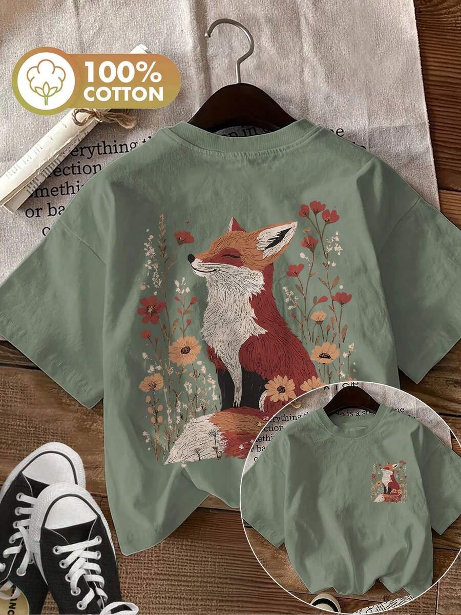 Limited Edition, Women's Summer Casual T-Shirt With Reversible Print, Forest Style, Fox And Flower Print, Round Neck, Short Sleeve, Lightweight Cotton. - 綠色 - 查看 1