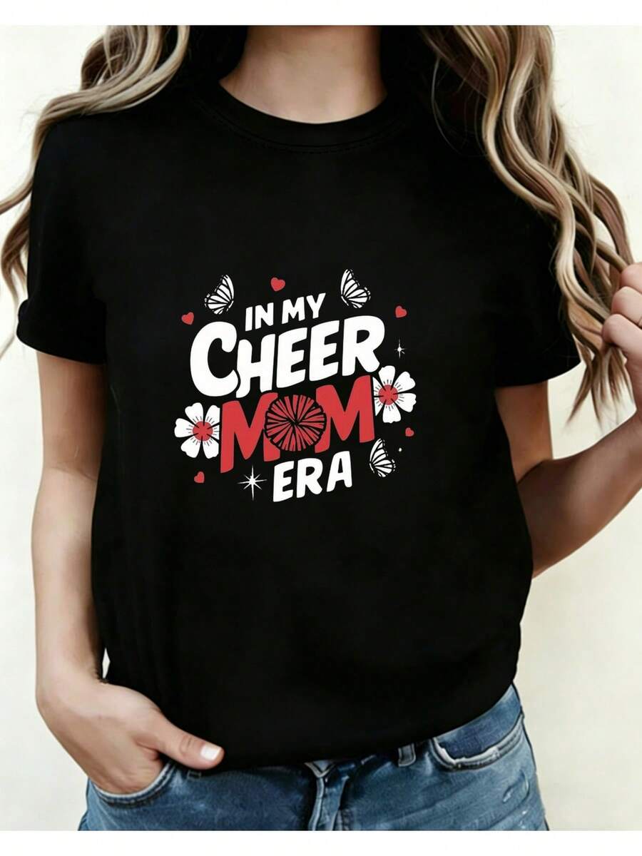 Red And White T-Shirt With Floral And Butterfly Print, With The Slogan "Cheer Mom" For Women, New Summer Style, Versatile, Casual, Slimming, Short Sleeve. - 黑色 - 查看 1