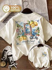 Edición Limitada: Ropa de Primavera y Verano para Mujer con Estampados de Doble Cara, Estilo Acuarela con Limones Inspirado en la de Amalfi en Italia. Camiseta Versátil de Manga Corta y Cuello Redondo de Algodón Ligero - Albaricoque - Ver 12