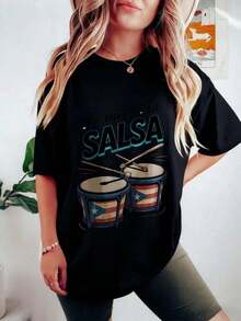 Camiseta de algodón de gran tamaño con estampado de tambores de salsa para mujer, estilo casual de verano y ropa urbana. - Negro - Ver 6