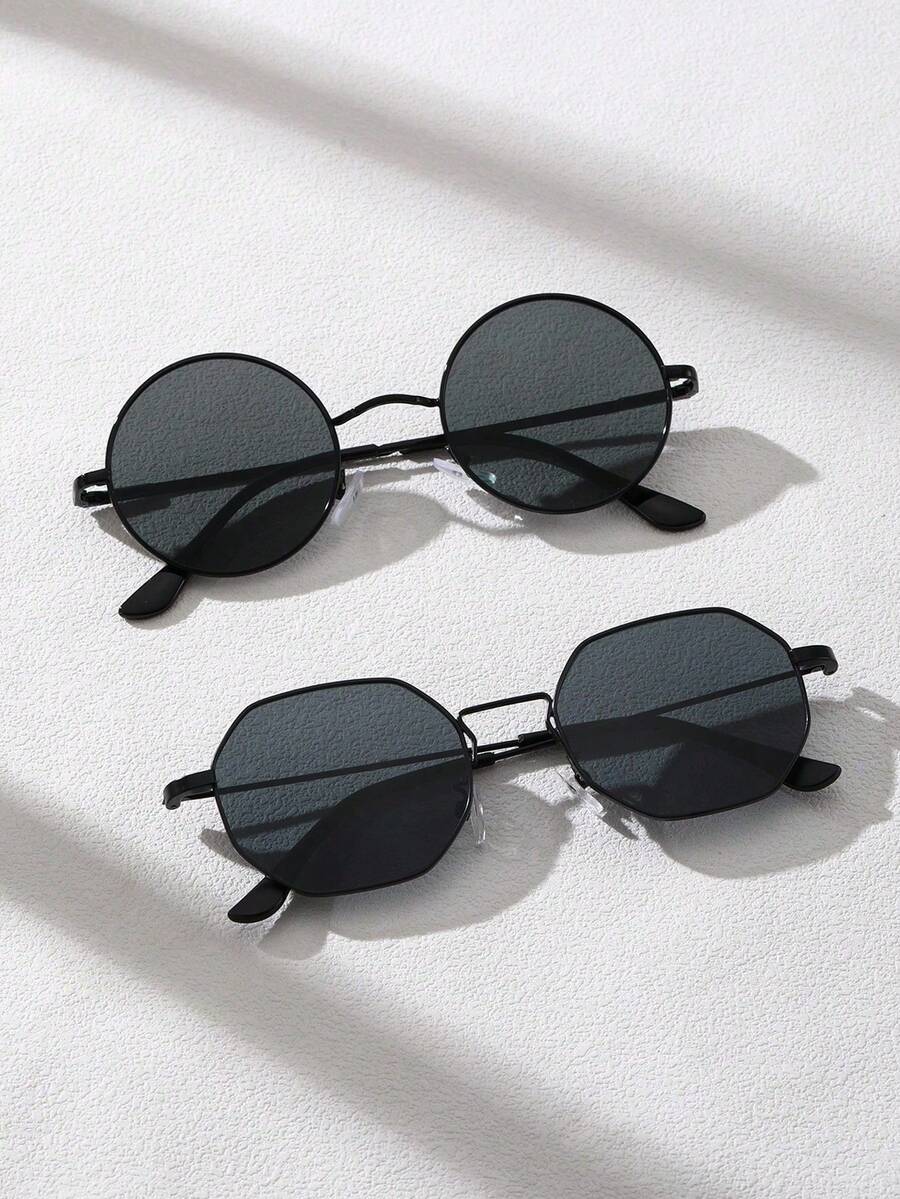 2 Pairs Copper Full Frame Geometric Classic Modern Minimalist Style Glasses For Men, Suitable For Driving, Camping, Beach Party, Singles Party, Family Outing, Outdoor Occasions, Fashionable Accessory