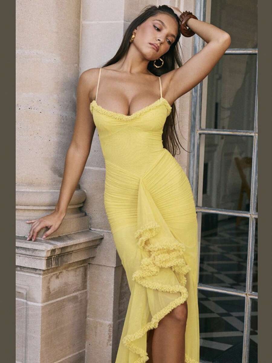Vestido Largo Tirantes Malla Espalda Descubierta Estilo Elegante Sensual Nueva Llegada - amarillo ganso - Ver 1