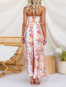 Vestido largo strapless estampado primavera con abertura estilo europeo casual elegante para mujer moderna - Rojo - Ver 6