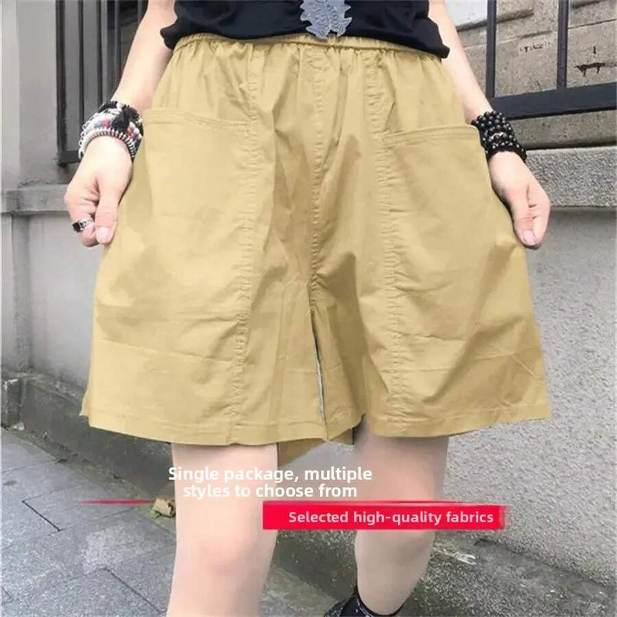 Ropa de trabajo de algodón para mujer, pantalones cortos holgados de cintura alta, pantalones informales de pierna ancha de cinco cuartos, prendas de vestir exteriores de moda de verano - Caqui [B003 paquete individual] - Ver 1