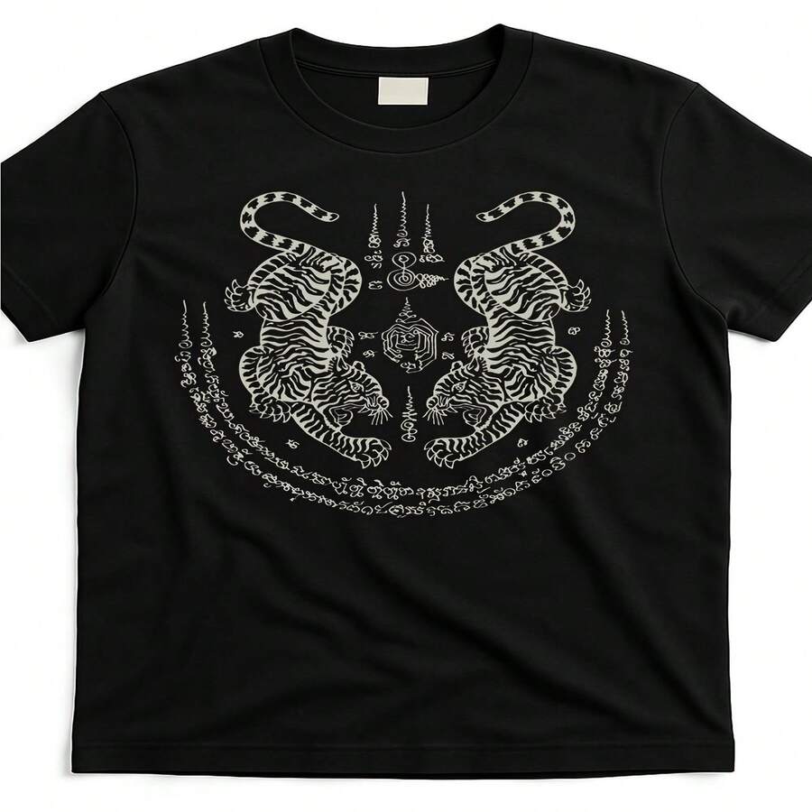 Camiseta exclusiva para el Día de la Independencia y el Día del Padre con dise?o de tatuaje tailandés de doble tigre: boxeo tailandés cultural, con tatuaje Sakhayant, suave y transpirable, estilo tailandés retro, apta para lavar a máquina. Camiseta informal. - Negro - Ver 1