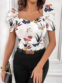 Camiseta con estampado floral escote corazón de manga farol - Blanco - Ver 4