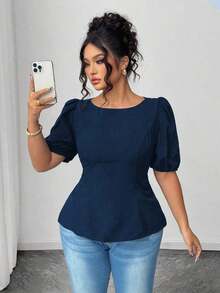 Blusa casual de manga corta con lazo y espalda abierta, unicolor, para mujer talla grande, verano - Azul marino - Ver 6
