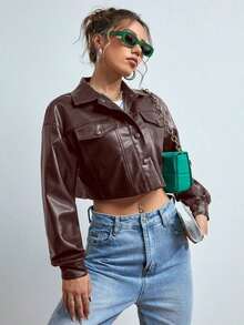 Chaqueta corta de PU con bolsillo con solapa y hombros caídos para mujer, ideal para primavera, otoño e invierno - Café integral - Ver 4
