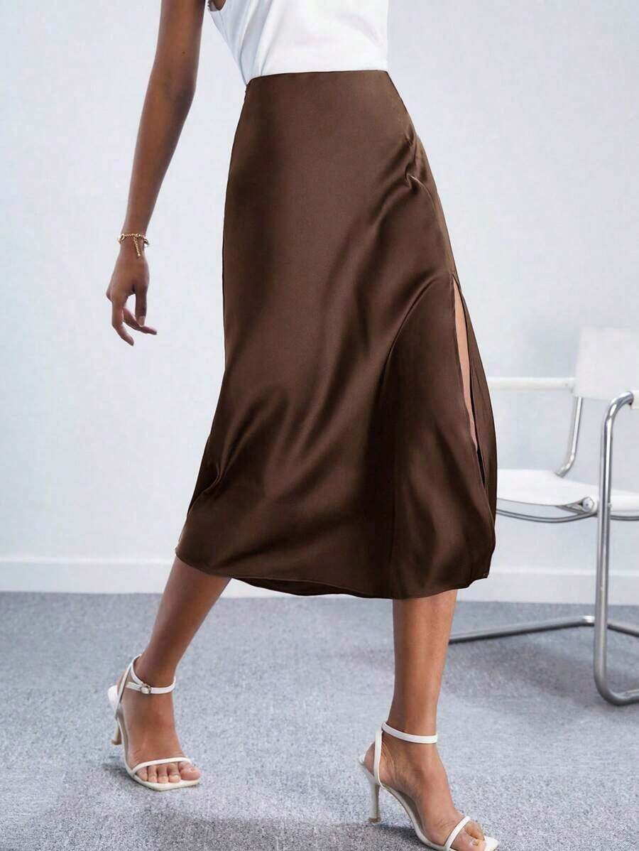 Falda elegante y romántica de línea A con abertura lateral en color blanco crema, versátil para ir al trabajo, uso diario, estilo retro de los 90, Navidad, Año Nuevo, San Valentín, fiestas, playa, graduación, moda, carnaval, vac - Marrón - Ver 1
